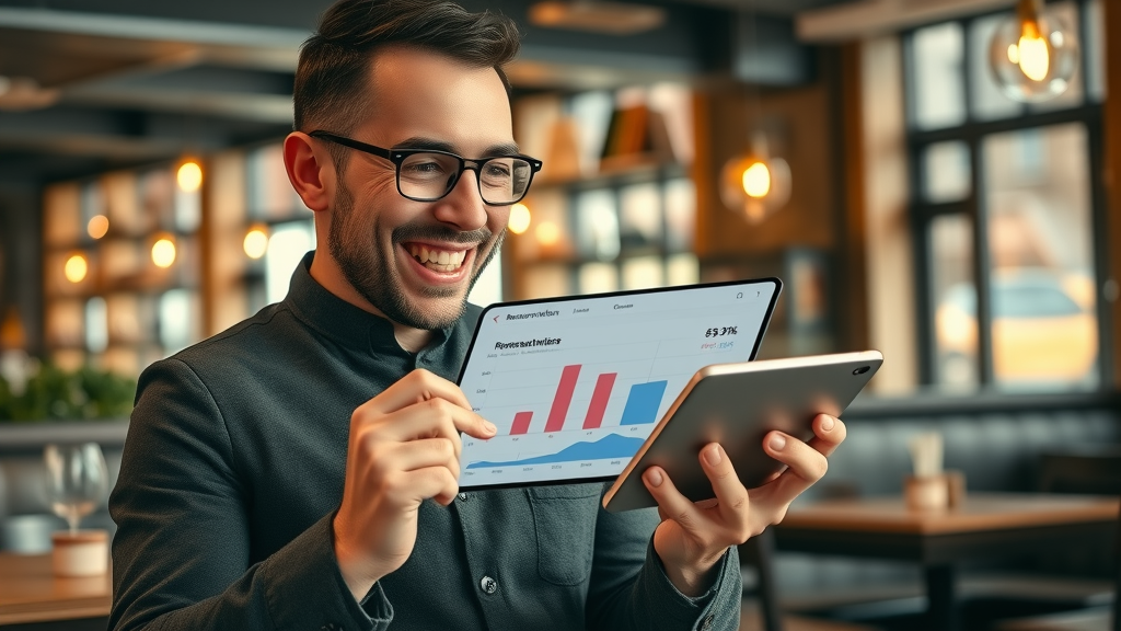 Happy restaurant owner, celebrating increased reservations thanks to a digital marketing agency New York, cozy urban eatery, 50mm lens, tablet with growth stats