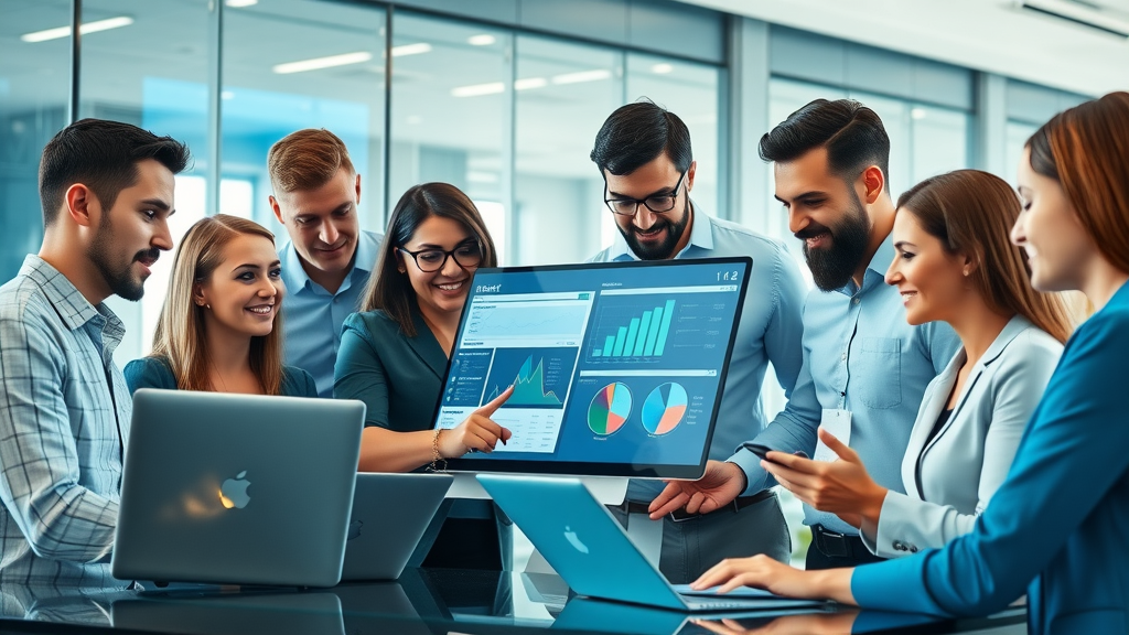 Business team analyzing online marketing strategies for tech businesses in a modern high-tech office