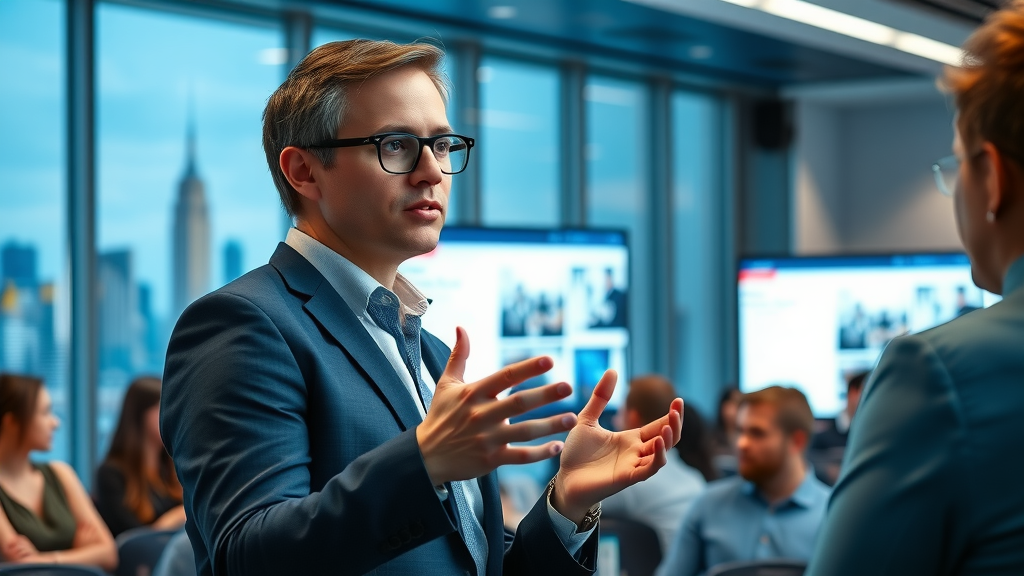 Corporate compliance officer describing social media marketing regulations for NY tech campaigns, digital marketing agency marketers taking notes in conference room.