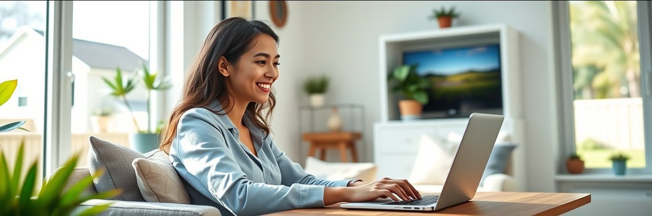 USA client remote work: young woman in bright home office on laptop, sunlight, modern.