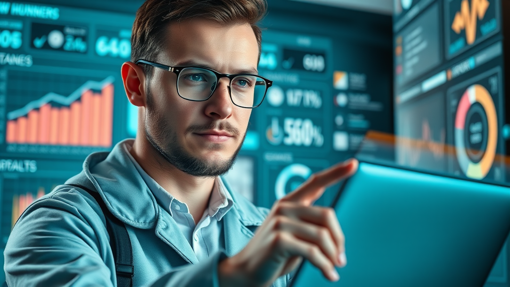analytical SEO expert reviewing ranking data for small tech business, futuristic digital marketing strategy