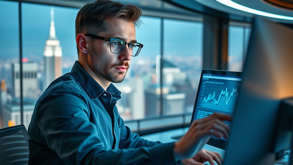 Modern marketer analyzing SEO on dual screens, digital marketing agency New York office, financial district view, illuminated dashboards, macro lens