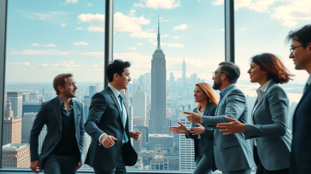 SEO services for tech companies NY modern office professionals collaborating overlooking New York City skyline