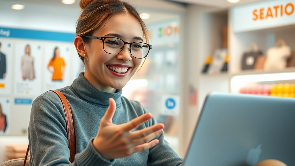 Customer happily interacting with AI chatbot on e-commerce website to enhance user experience