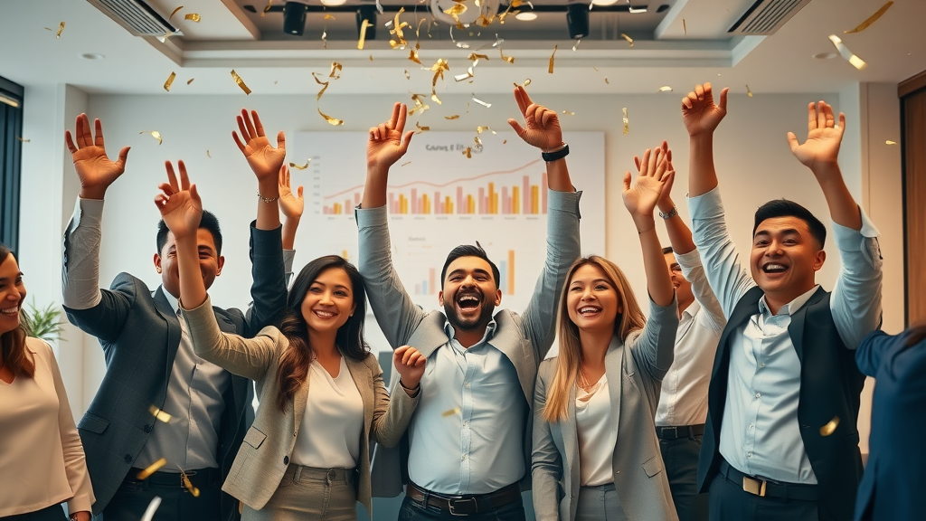 Sales team celebrating victorious artificial intelligence sales boost and sales performance increase
