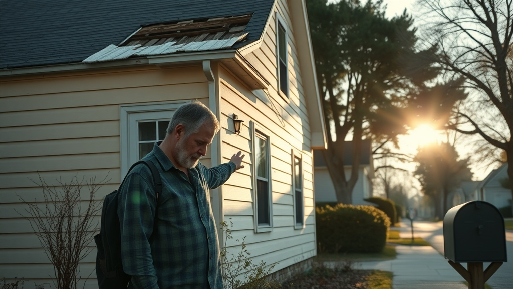 home exterior with visible sagging roofline and owner inspecting door frame