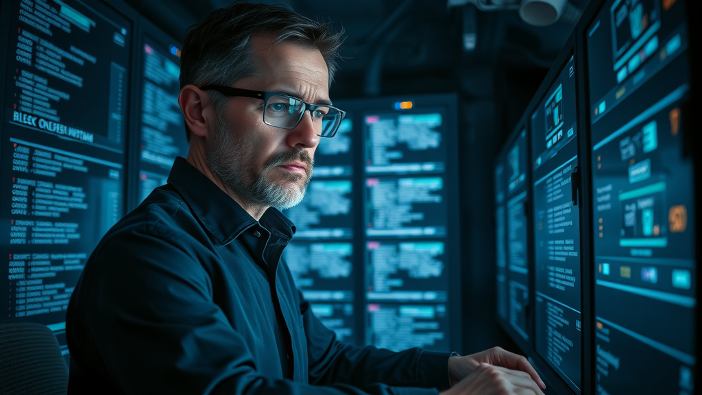 IT consultant configuring AI systems for secure customer data, data privacy and ethical compliance focus, secure server room