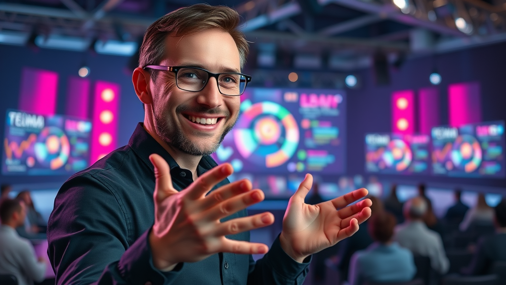 charismatic tech professional hosting a live webinar - social media marketing for tech companies