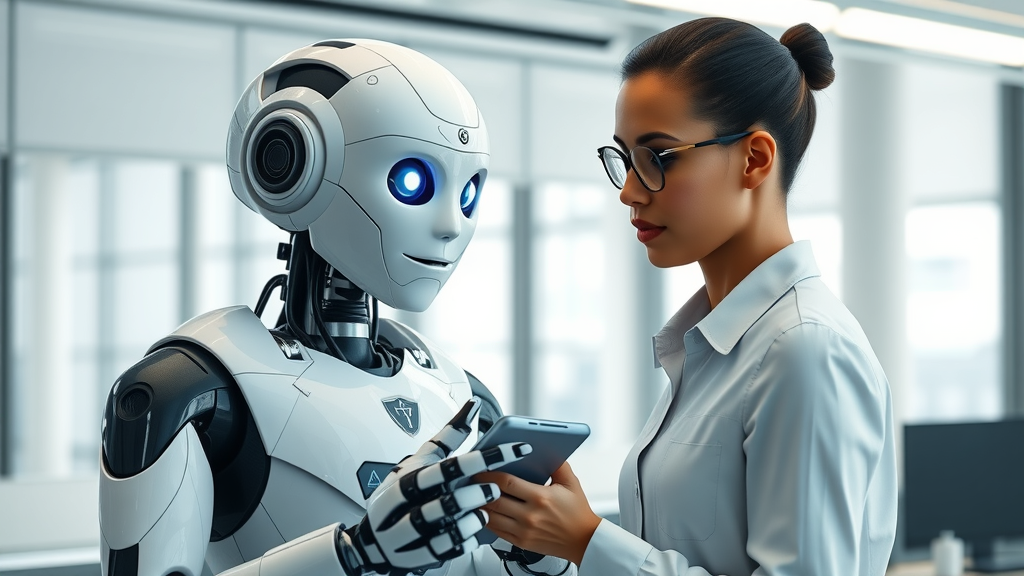 Sleek chatbot robot offering assistance on a smart device - modern automated customer service