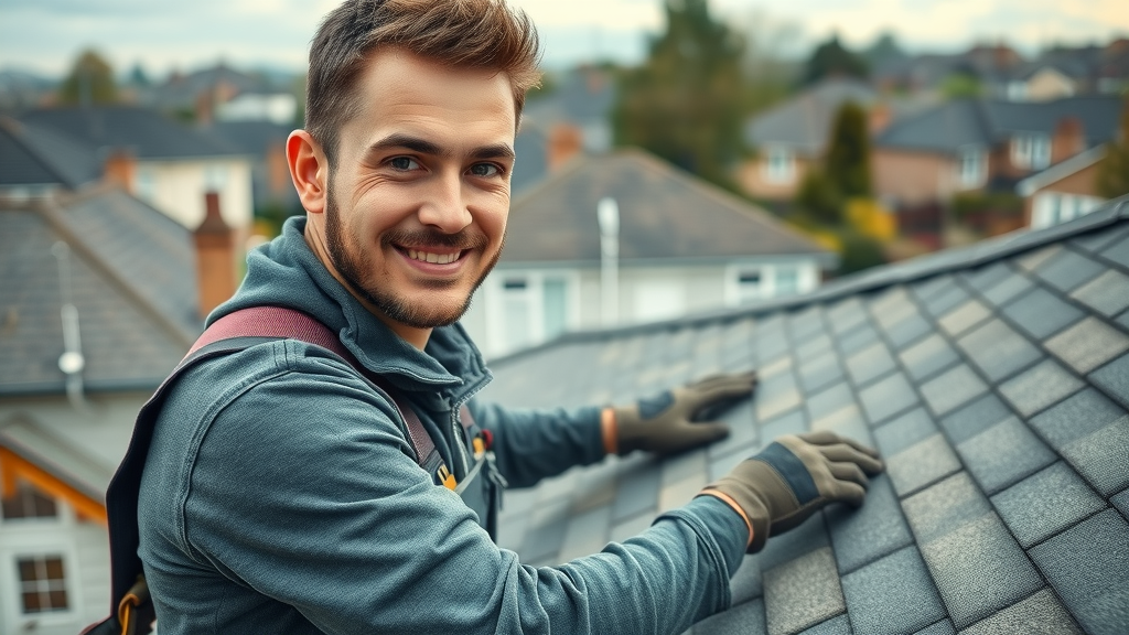 Professional roof repair expert performing roofing materials maintenance on asphalt shingle roof