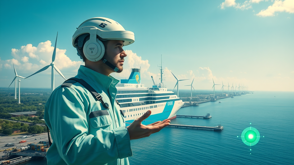 futuristic eco-friendly ship with engineers monitoring emissions in future shipbuilding technology