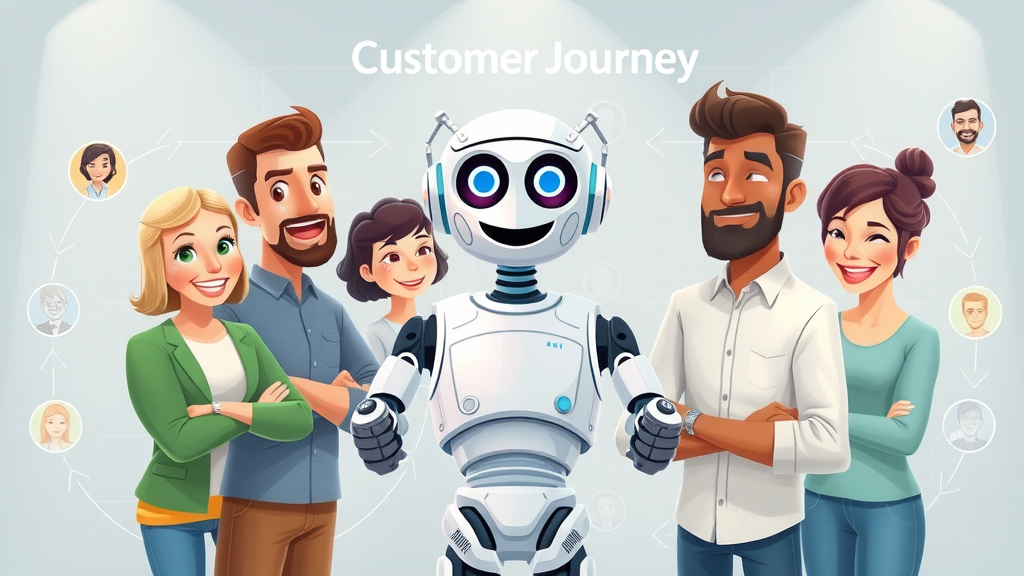 Personalized customer journey visualization with energetic AI chatbot guiding diverse customers through steps.
