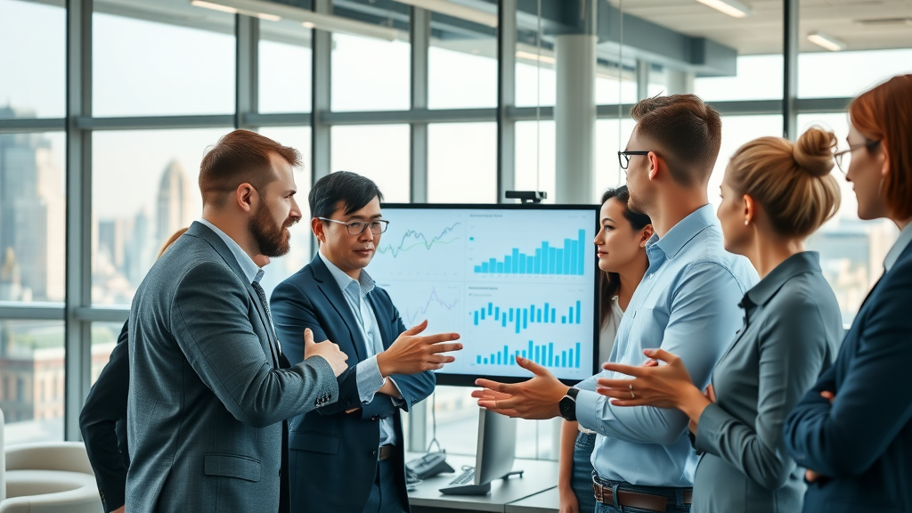 predictive analytics for sales team analyzing digital charts in a modern workspace