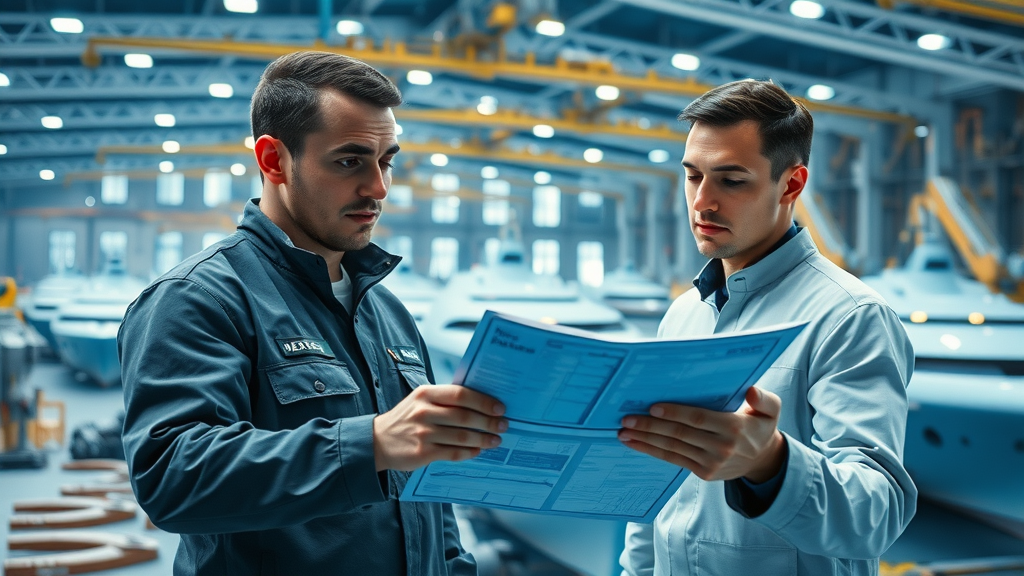 sleek futuristic shipyard with confident engineers analyzing digital blueprints in a high-tech shipyard, shipbuilding technology