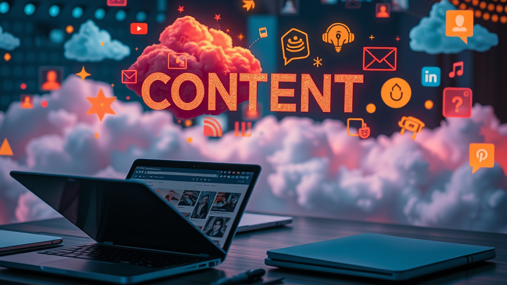 variety of content type icons floating above laptops - content marketing for technology startups