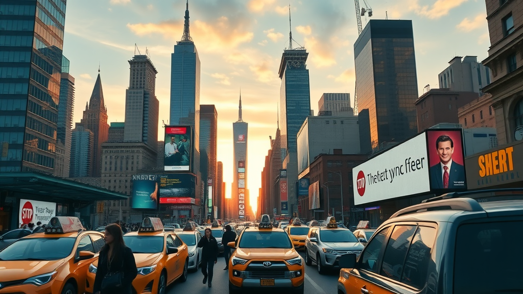 NY tech startup marketing with New York City skyline at sunrise, digital billboards, people and taxis in motion.