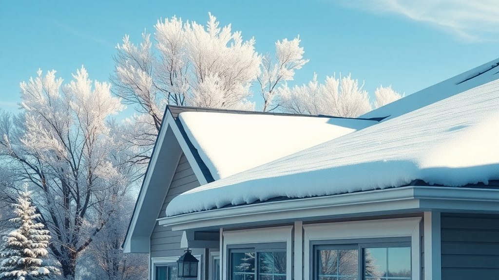 Winter home with roofing materials maintenance and no ice dams, snow on roof, dry eaves