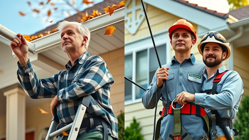 comparison between a homeowner using ladder and a professional team cleaning gutters