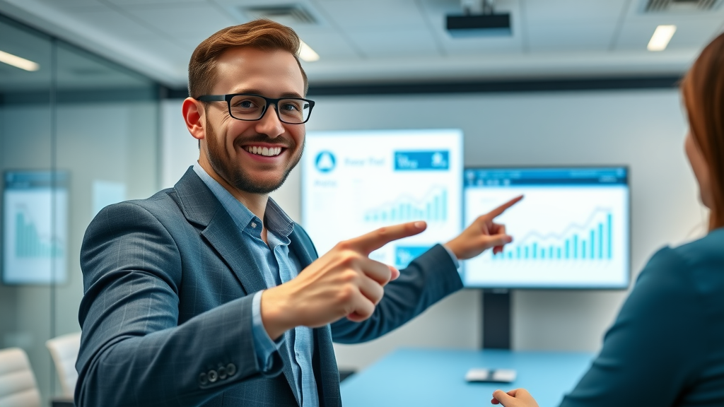 PPC agency consultant presenting campaign analytics to small tech business owners, projected digital dashboard, modern boardroom background