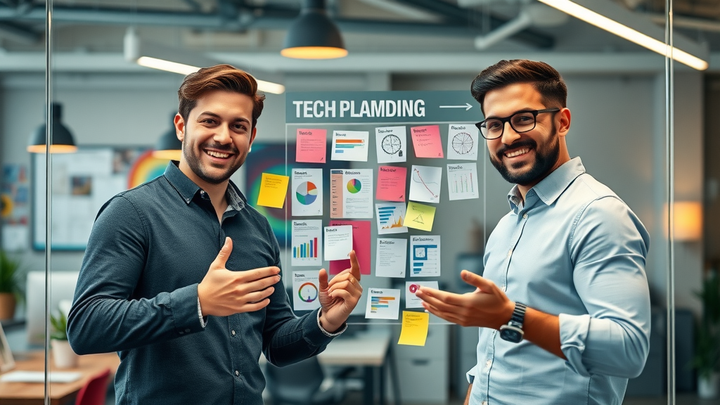 ambitious New York tech founders mapping out a digital branding campaign on a glass board with vibrant decor