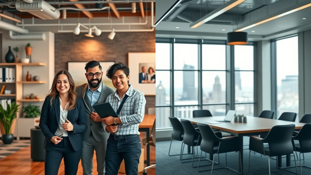Contrasting teams at boutique and enterprise digital marketing agency New York, split background, workspace and conference room, tilt-shift lens