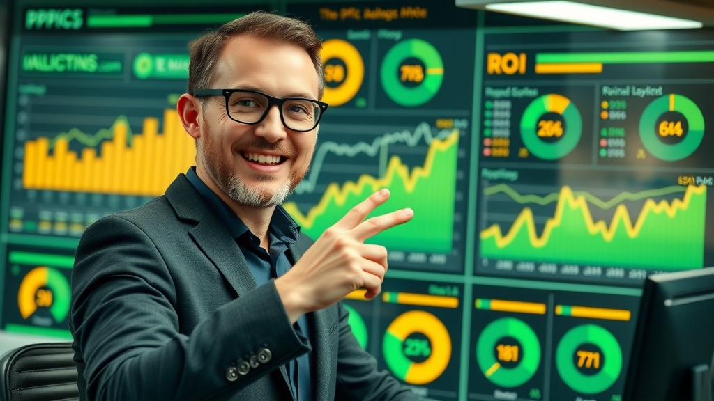 PPC analytics dashboard with KPIs, business owner gesturing at rising ROI charts, small tech office, green and gold charts
