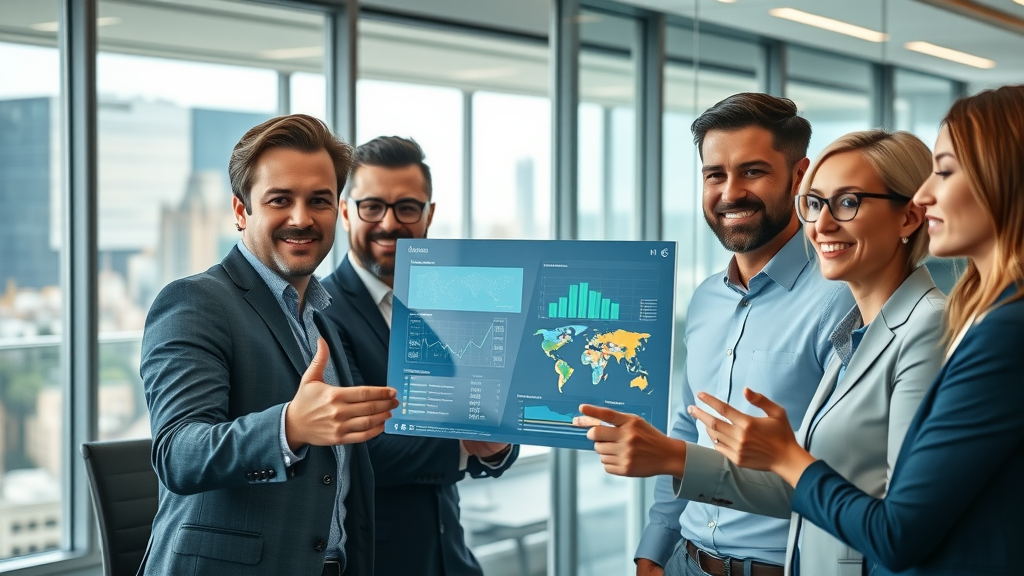impactful sales team reviewing digital data dashboards using data-driven sales optimization in a modern office