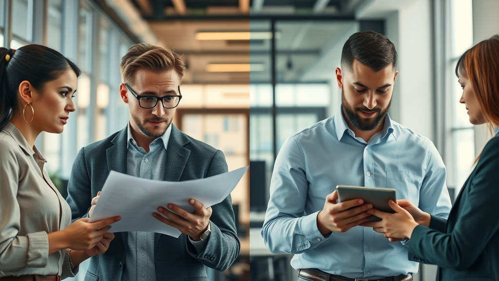 modern versus traditional sales team using data-driven sales optimization in contrasting office settings