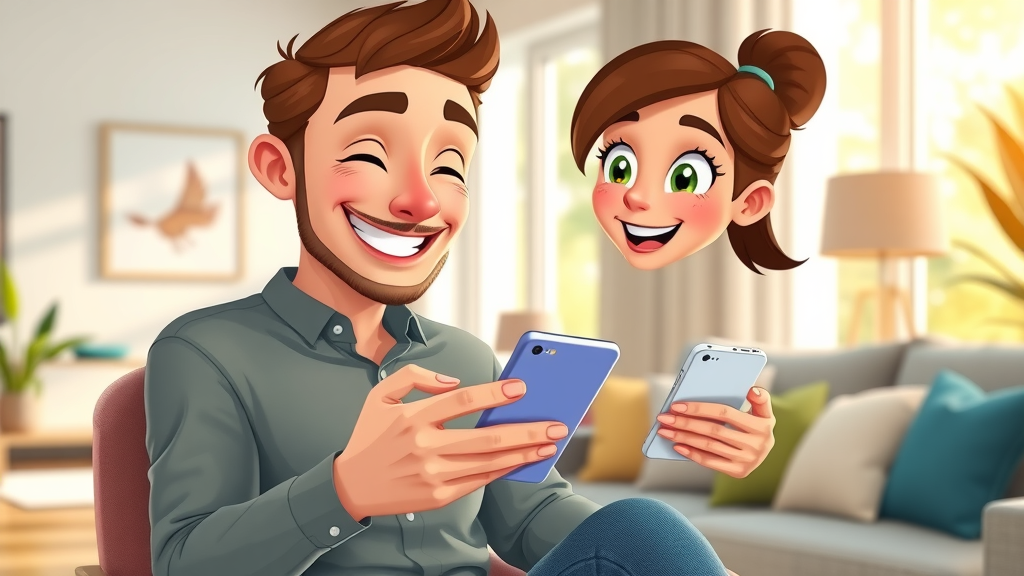 Happy customer engaging with AI-personalized app recommendations at home, improving customer experience.
