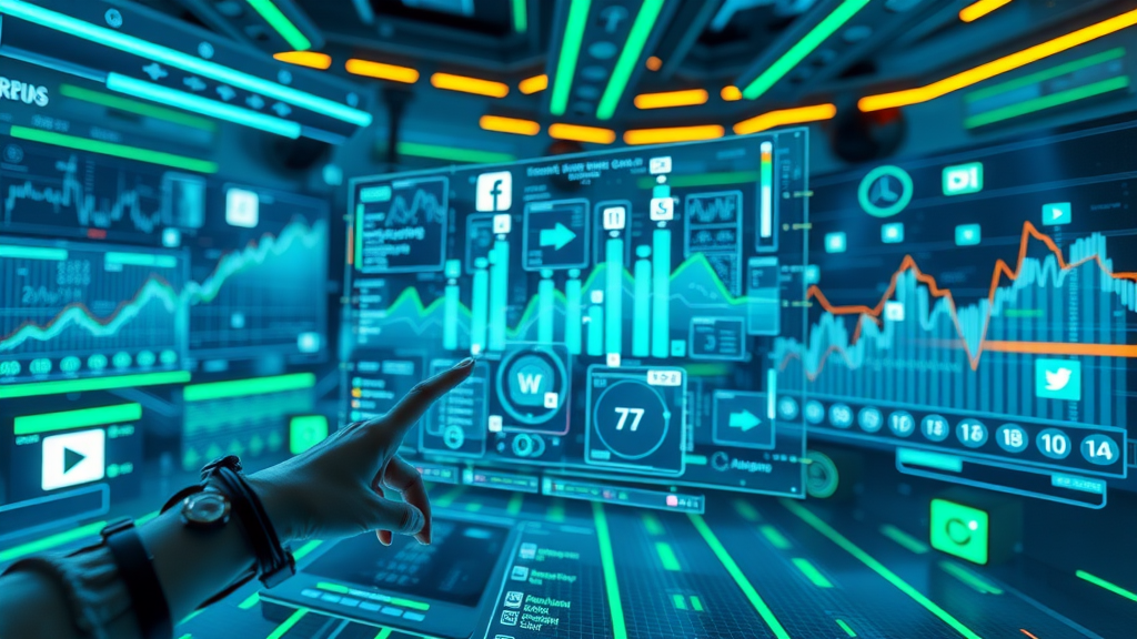 vibrant futuristic interface showing algorithmic media trends, dynamic graphs, social icons, electric blue and neon green, no disfigured faces or text
