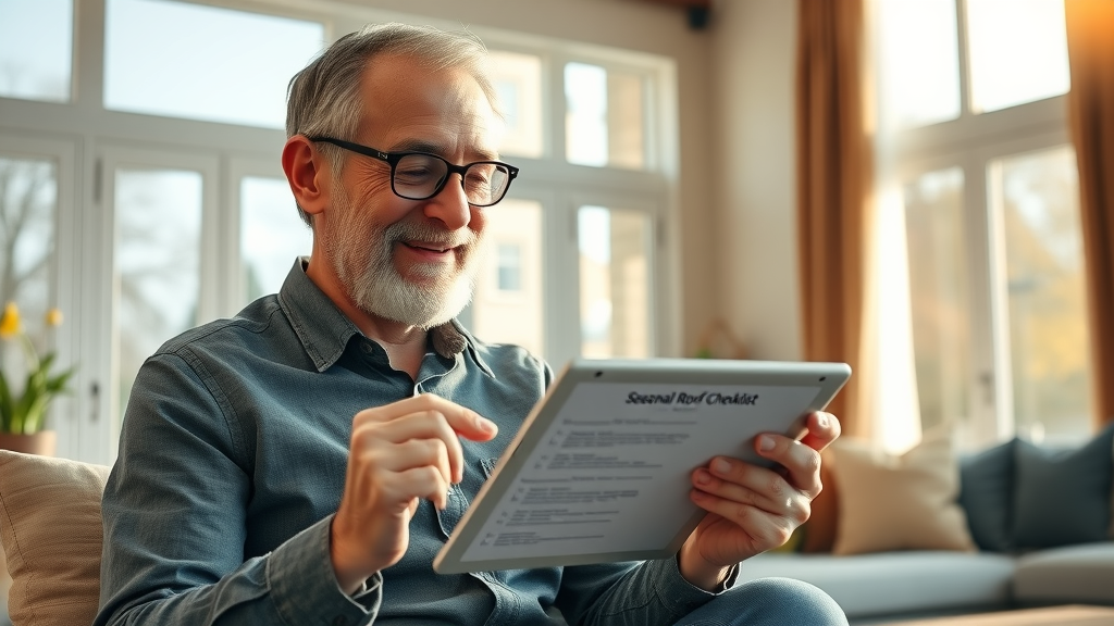 homeowner reviewing digital seasonal roof care checklist maintenance checklist expert tips