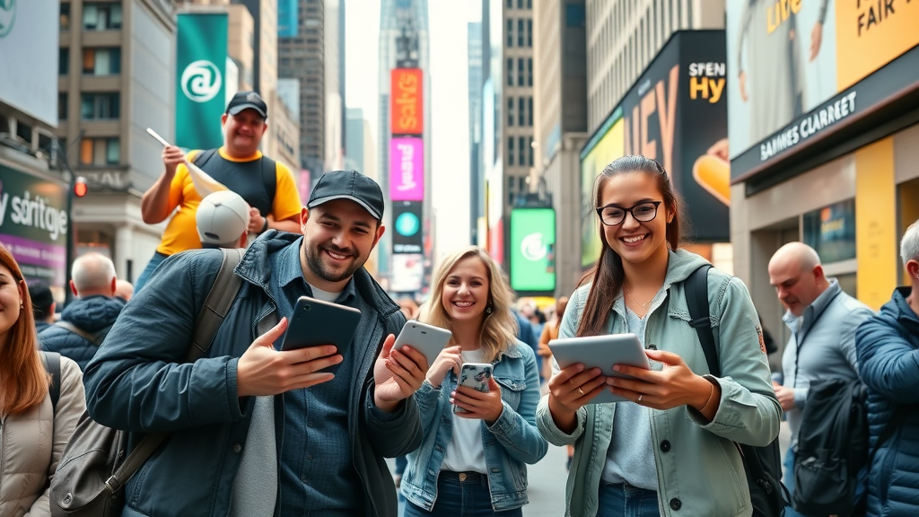Tech startup street marketing team running digital campaigns on busy NY street with QR codes