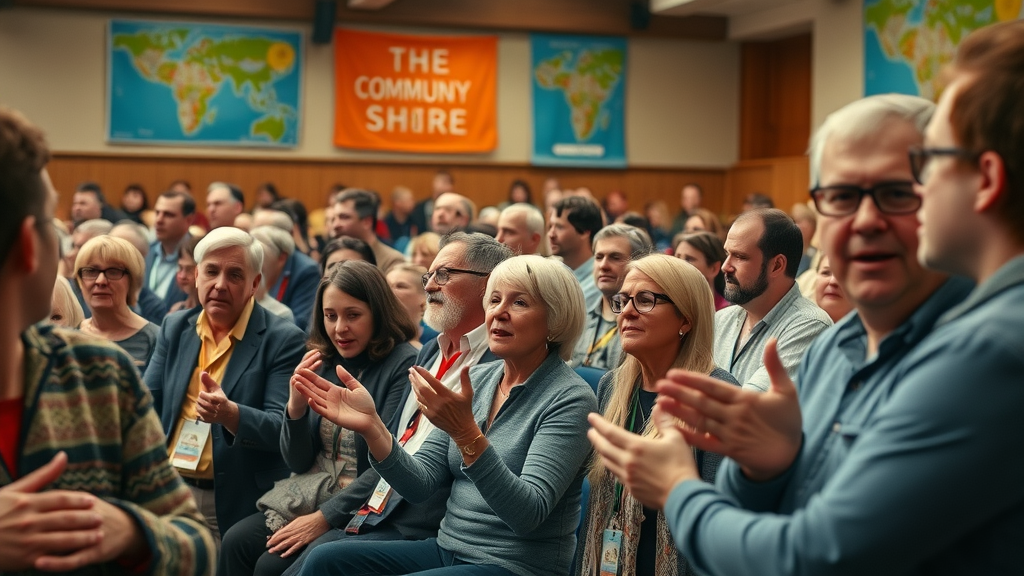 Energetic town hall meeting with Monmouthshire residents in lively discussion, banners and maps of Monmouthshire around, shaping community area policies