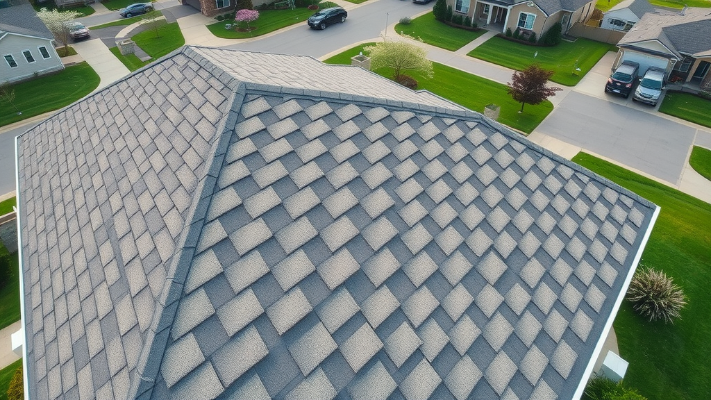 Modern residential roof with flawless shingles and clean gutters after roofing repair