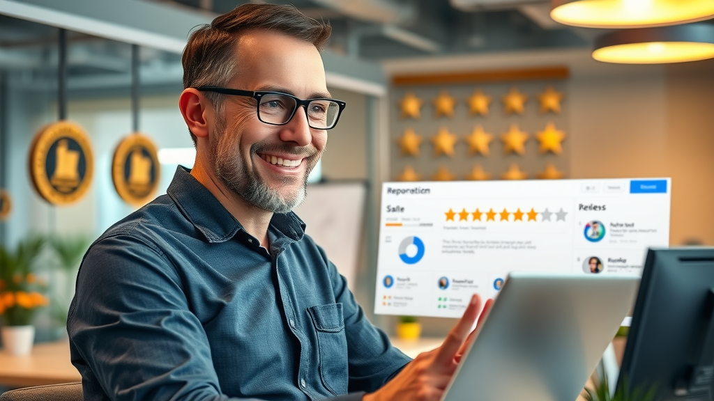 business owner managing online reputation and SEO automation tools