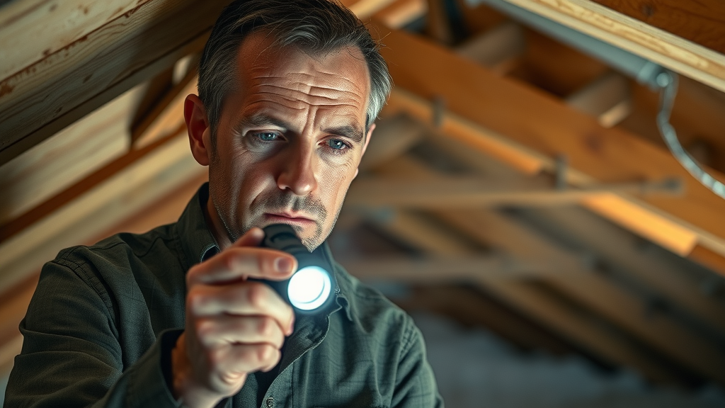 Inspector examines roof deck for sagging, rot, and water stains, underneath attic beams during a roof inspection checklist session. Flashlight beam highlights exposed timber.