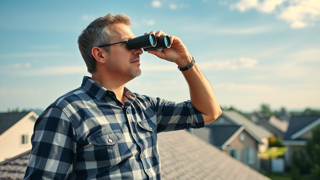 roofing contractor inspecting visible damage on suburban house roof