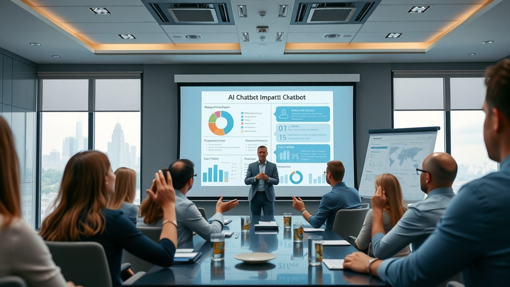Marketing meeting with live AI chatbot demo showing real-time sales funnel improvements