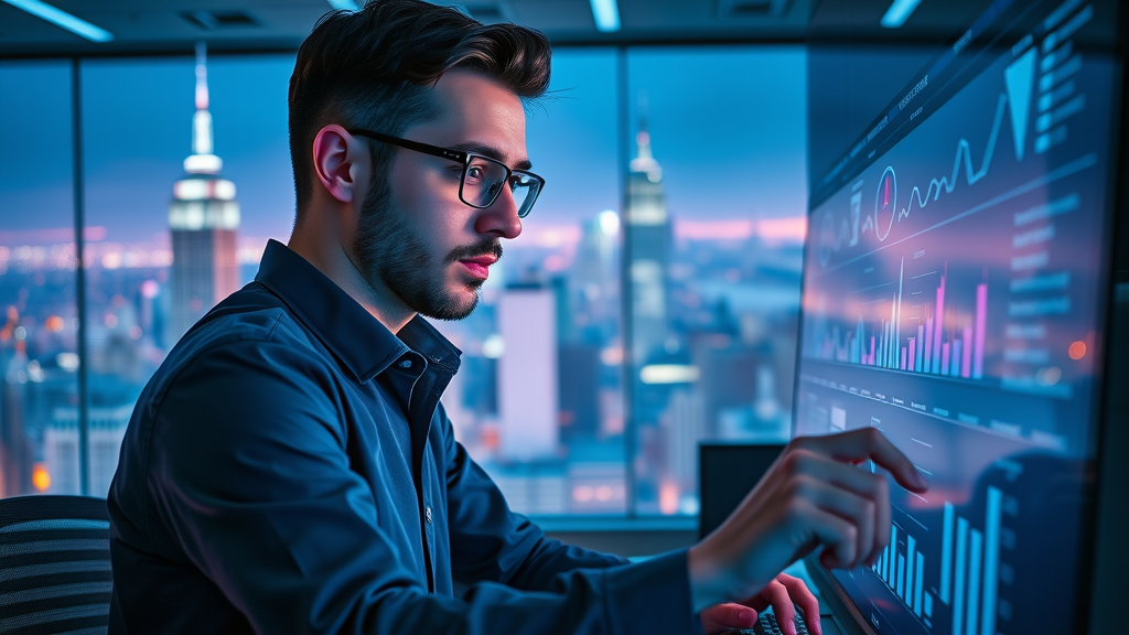 Digital marketer analyzing NY tech startup marketing dashboard with city views