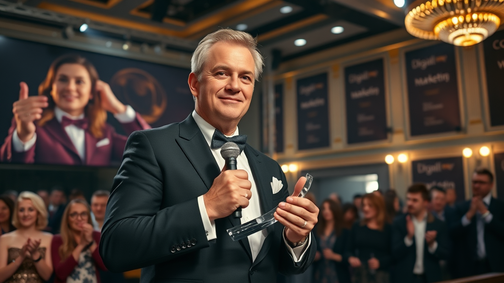 digital agency leader accepting award at grand London venue, proven results and recognition