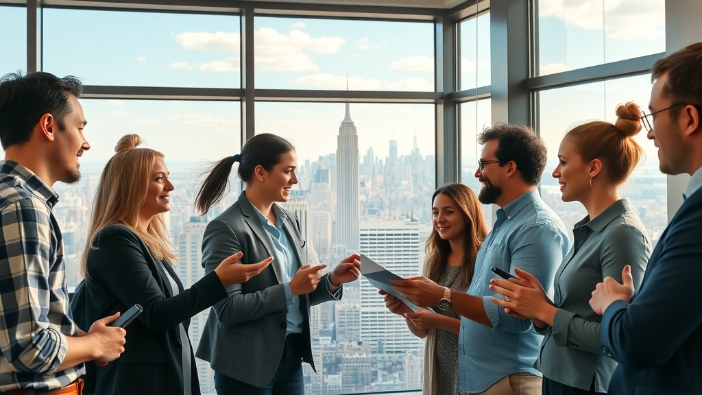 Dynamic cityscape of New York with young professionals collaborating on social media marketing tech industry NY strategies in a trendy Manhattan office, panoramic skyline view.