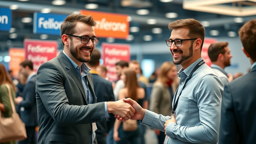 Ambitious NY tech founders networking and shaking hands at a New York conference with city views.