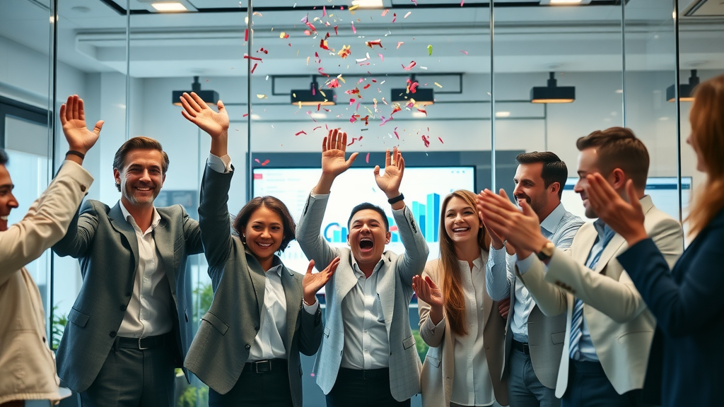 Business teams celebrating with upward analytics dashboards, representing success stories and positive metrics from AI-driven customer insights.