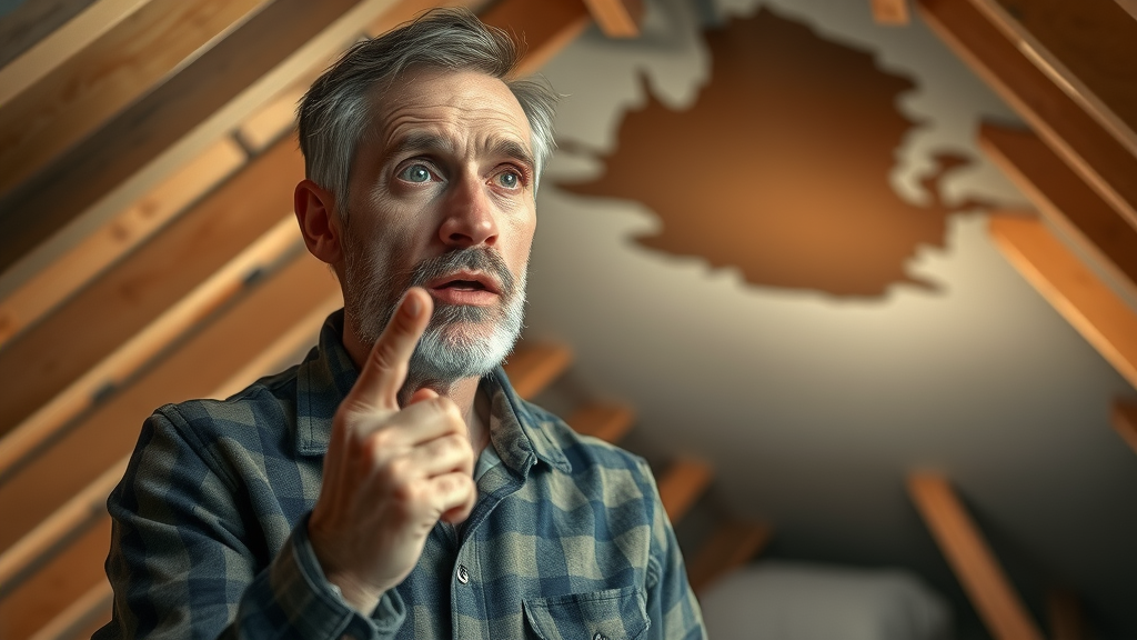 Alarmed homeowner identifying early roof leak signs, pointing to water stain in attic