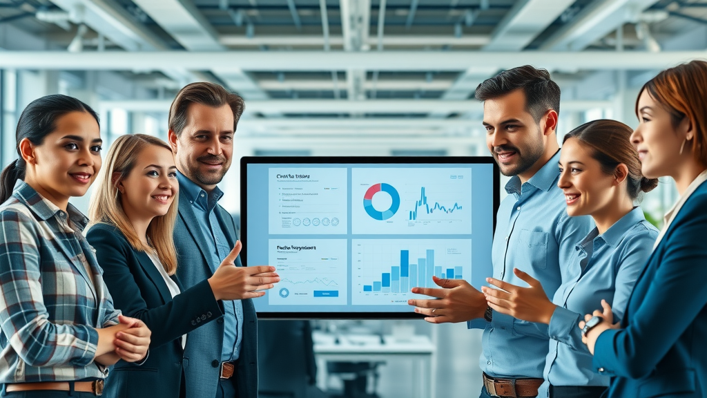 digital advertising agency for tech businesses discussing strategy around digital dashboard in modern tech office