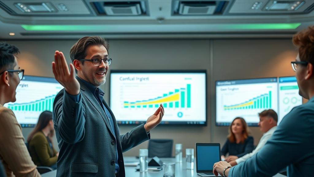 AI Call Center ROI: Professional analyst presents positive growth charts to a delighted team, highlighting case study results for HVAC call center solutions