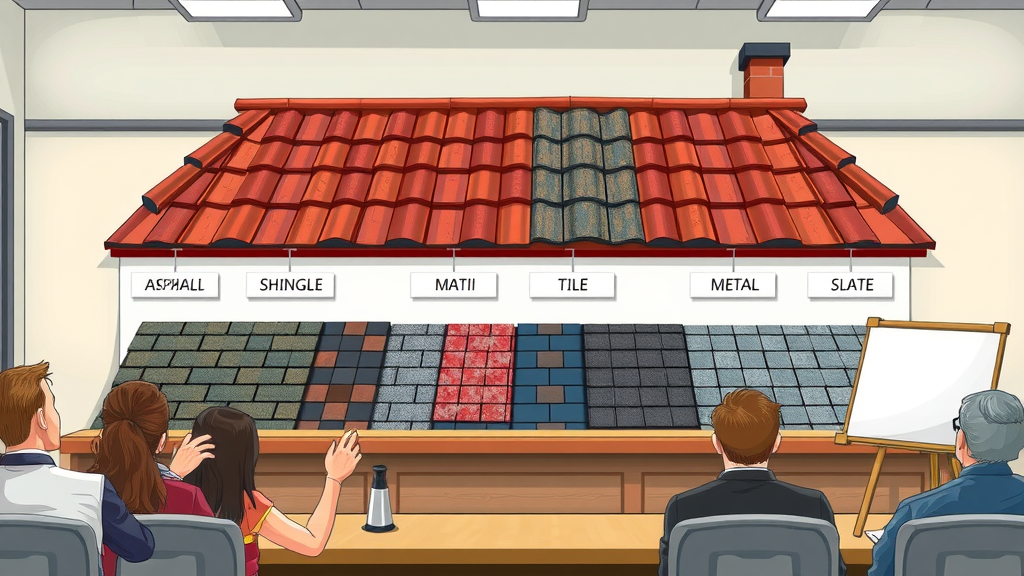 asphalt shingle, tile, metal, and slate roof samples, understanding best cleaning methods for each type, educational display