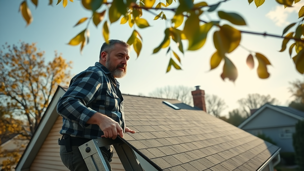 suburban home diy roof maintenance homeowner inspecting shingles roof repair life of your roof