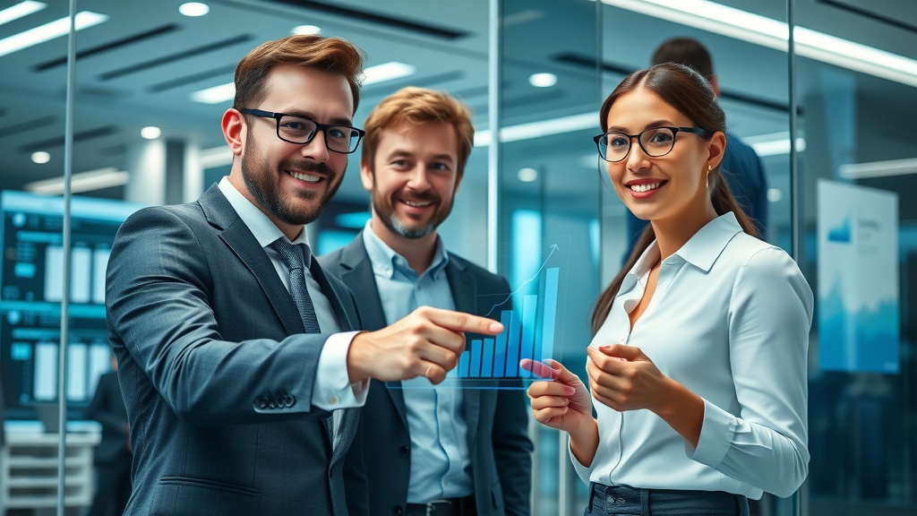 dynamic business professionals analyzing growth charts, positive and focused expressions, pointing at a digital display, AI voice agents for business, modern office interior with digital screens, blue and silver tones