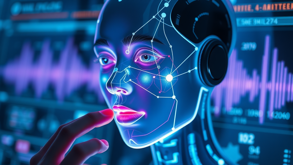 futuristic AI voice assistant visualized as a glowing, translucent face, conversational AI in business context, holographic sound waves, virtual network interface